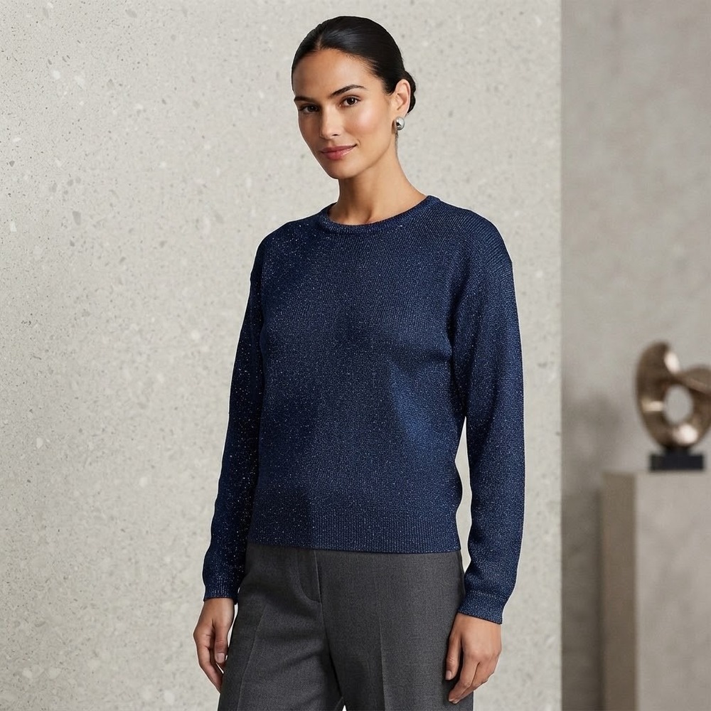 Jeanne Pierre Vintage Women Size M Lambswool Blend Navy Glitter Pullover Sweater